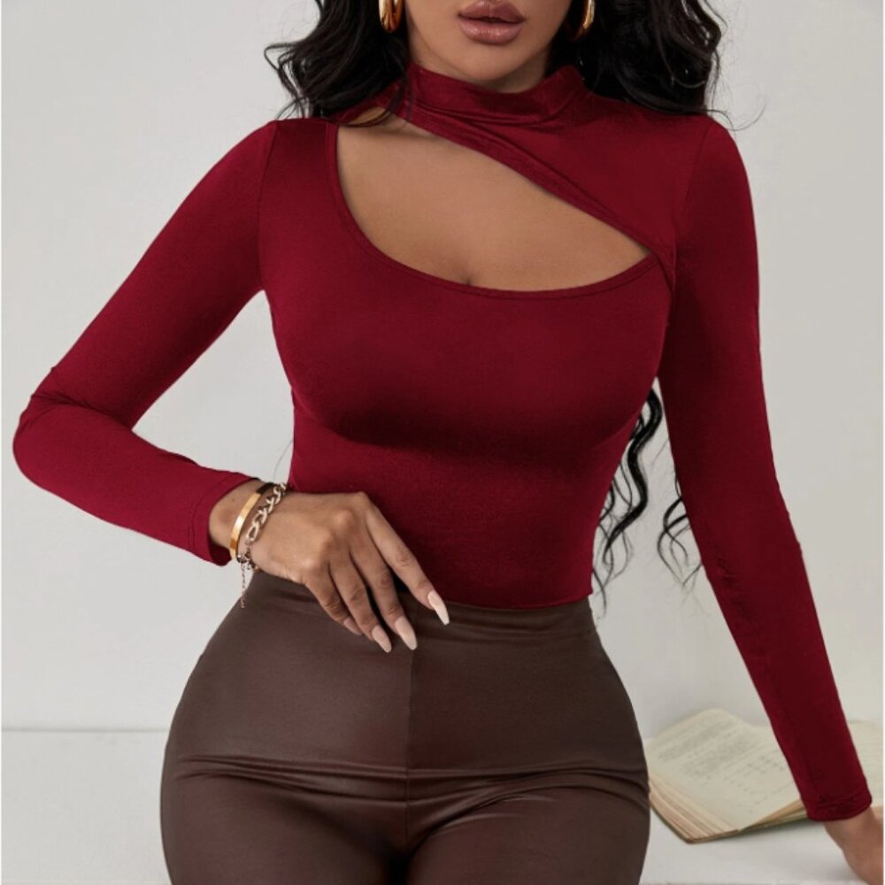 Stretchy Burgundy Asymmetrical Neck Solid Cut Out Long Sleeve
